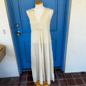 Vintage Beige Long Nightgown Features Faux Buttons and A Small Bow On Front